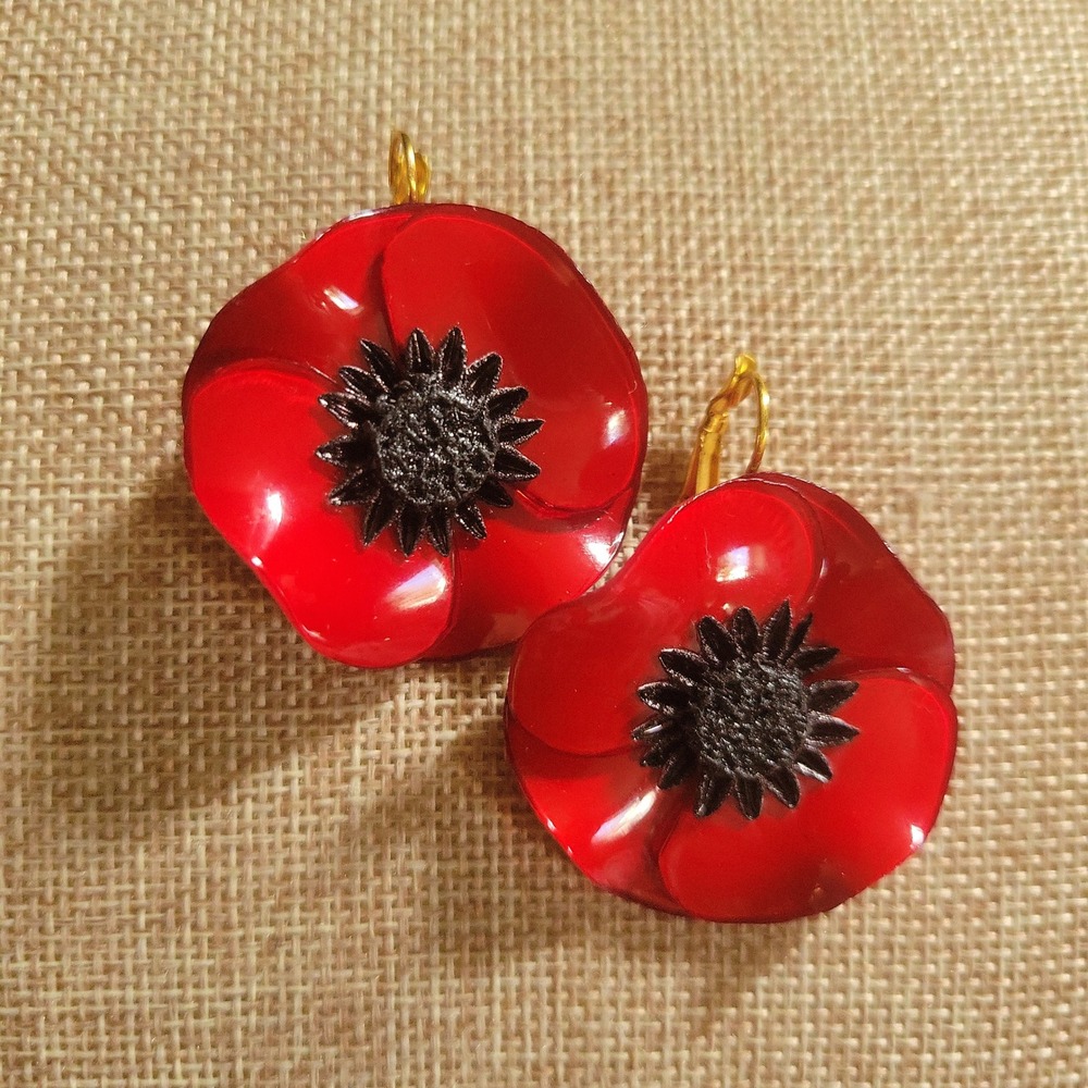 Celia Paris Vintage Red Poppy Enamel Flower Drop Earrings Size M Cottagecore